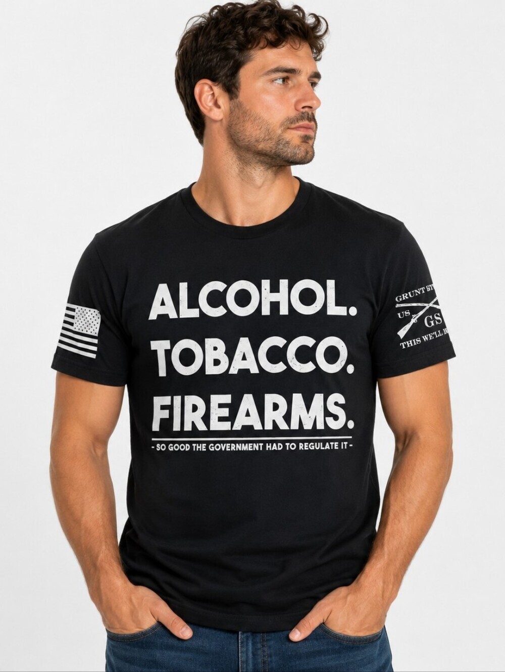 Grunt Style Alcohol Tobacco Firearms Graphic T-Shirt Men’s Medium Black